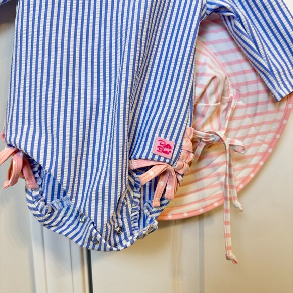 RUFFLEBUTTS Seersucker Tulle Skirted One Piece Swimsuit in Periwinkle Blue 3-6M - Picture 4 of 9